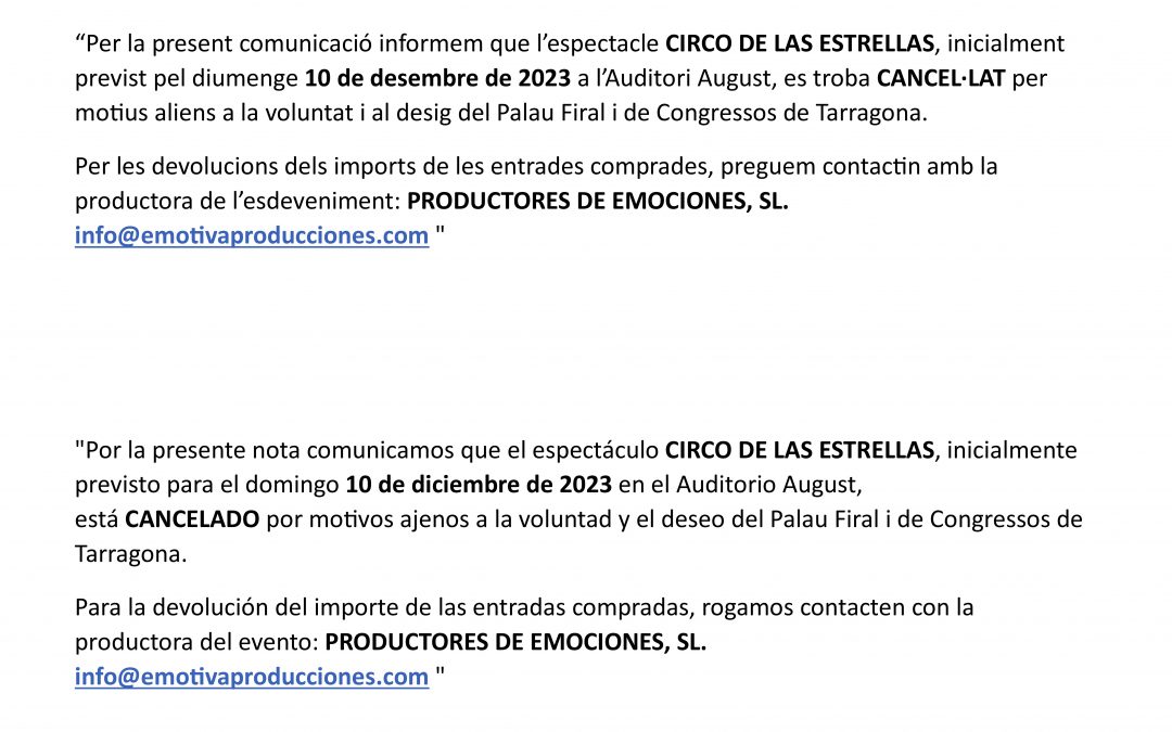 "CIRCO DE LAS ESTRELLAS" CANCELLATION ANNOUNCEMENT