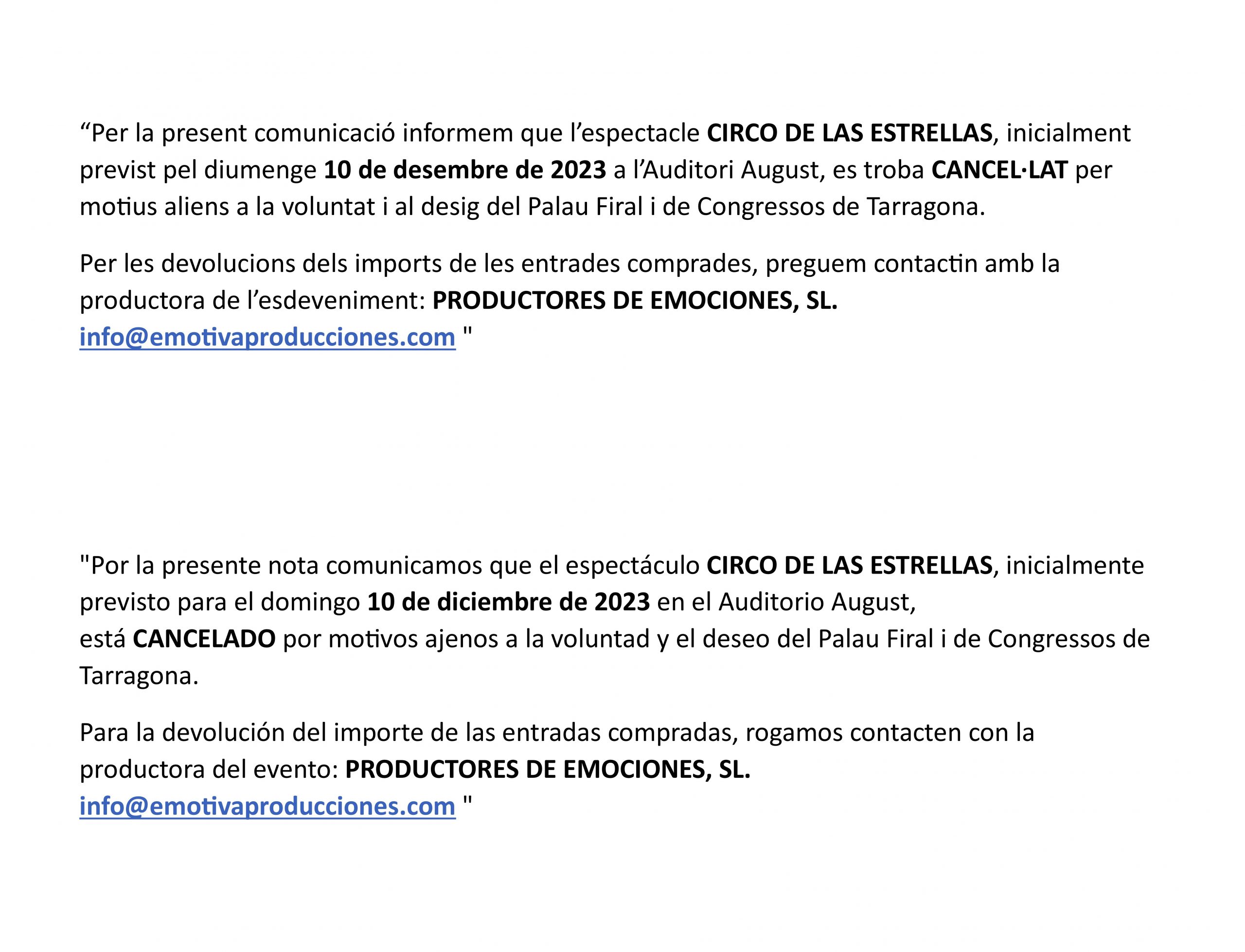 NOTA CANCELACIÓN CIRCO DE LAS ESTRELLAS 1 scaled - Palau Firal y de Congresos de Tarragona