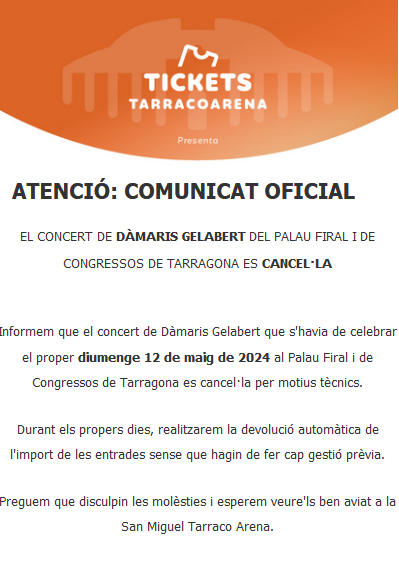 cancellation - Palau Feral and Congresses of Tarragona
